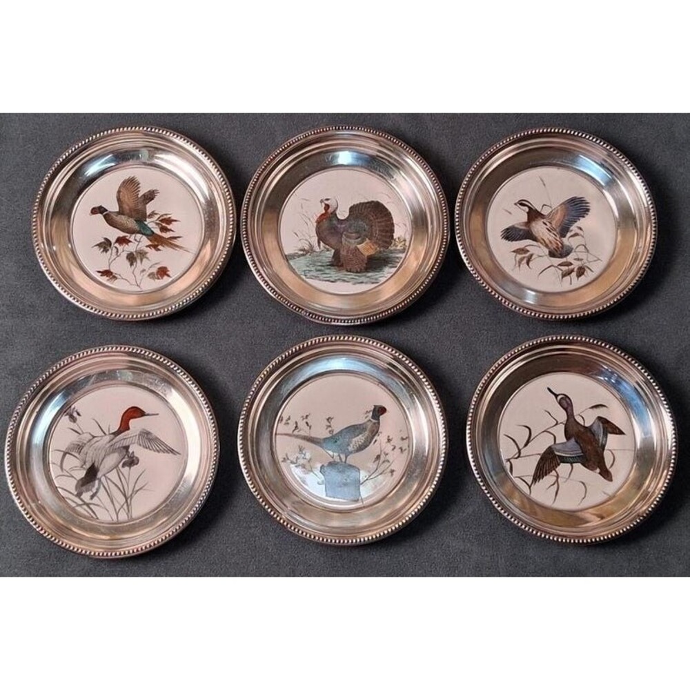 Whiting Sterling Game Bird Coasters Set of 6 Puleston 4.5"